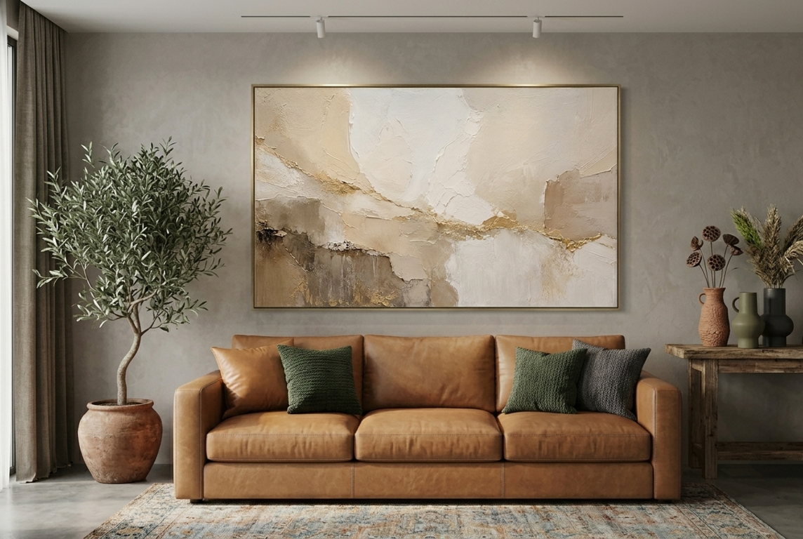Gilded Stillness | Large Neutral Textured Abstract Landscape Painting - Image 5
