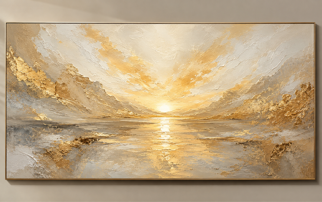 Golden Silence, large gold textured abstract landscape painting with mountains, reflective water and luminous golden light