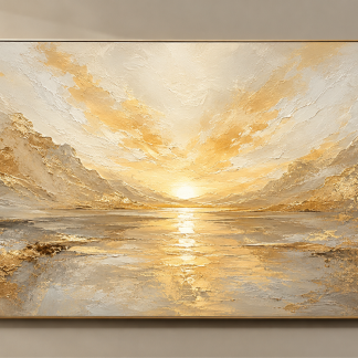Golden Silence, large gold textured abstract landscape painting with mountains, reflective water and luminous golden light