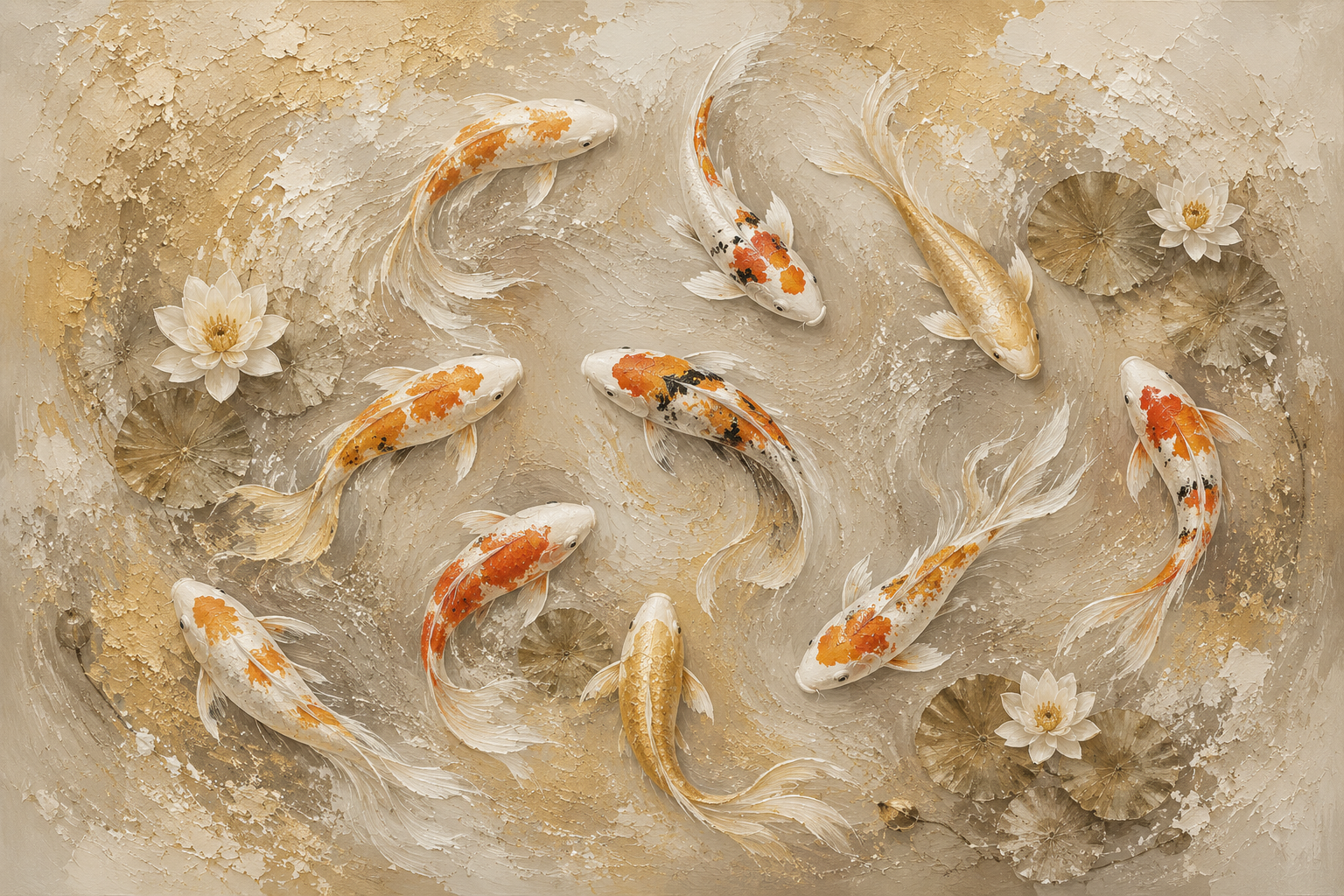 Golden Koi Harmony | Large Textured Koi Fish Painting