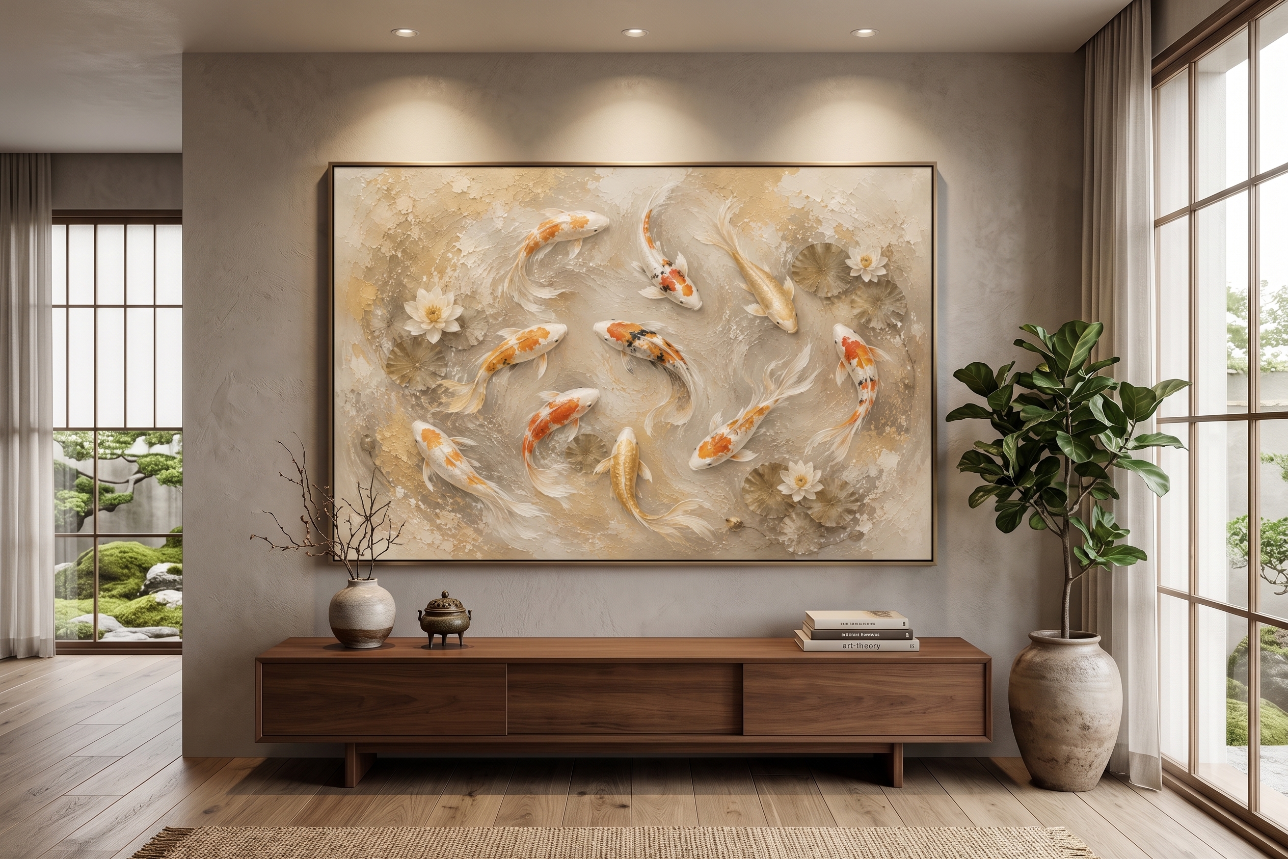 Golden Koi Harmony | Large Textured Koi Fish Painting - Image 2
