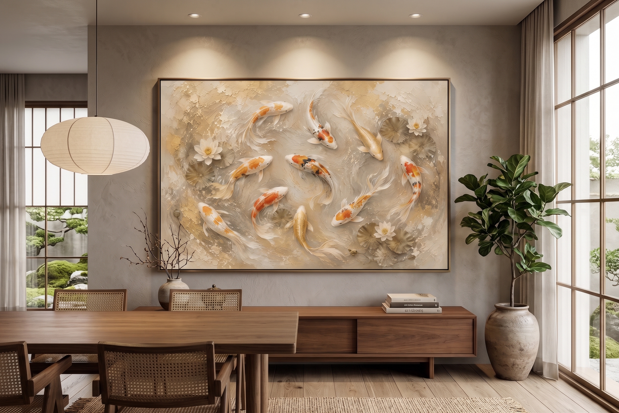 Golden Koi Harmony | Large Textured Koi Fish Painting - Image 3