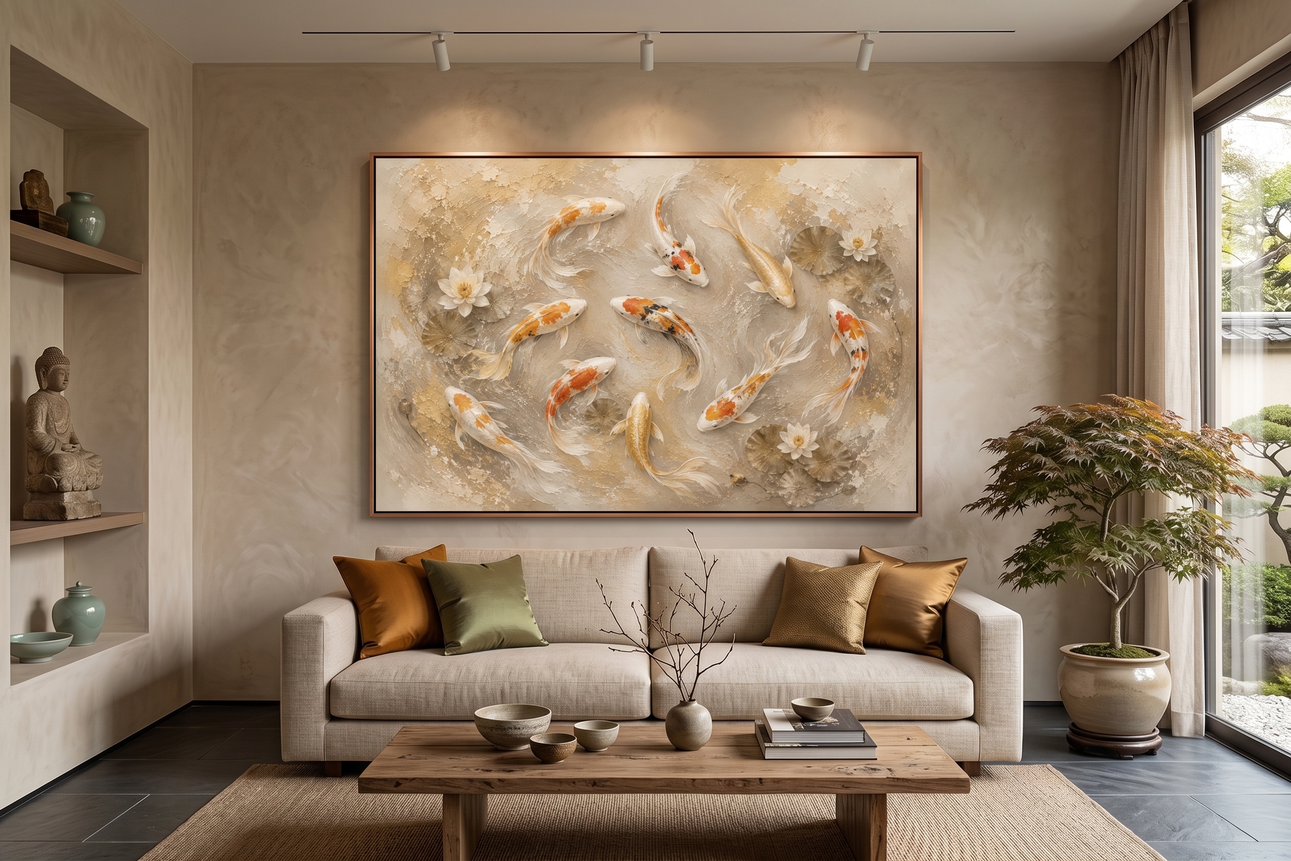 Golden Koi Harmony | Large Textured Koi Fish Painting - Image 4