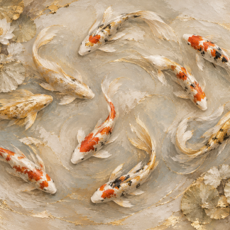 Nine Koi | Large Textured Koi Fish Painting