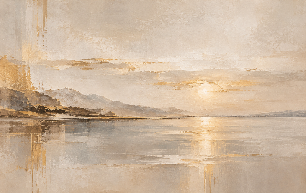 Light Upon Water large neutral abstract seascape painting in beige, ivory, taupe and soft gold, original acrylic on canvas by Ocoy, 135 × 85 cm.