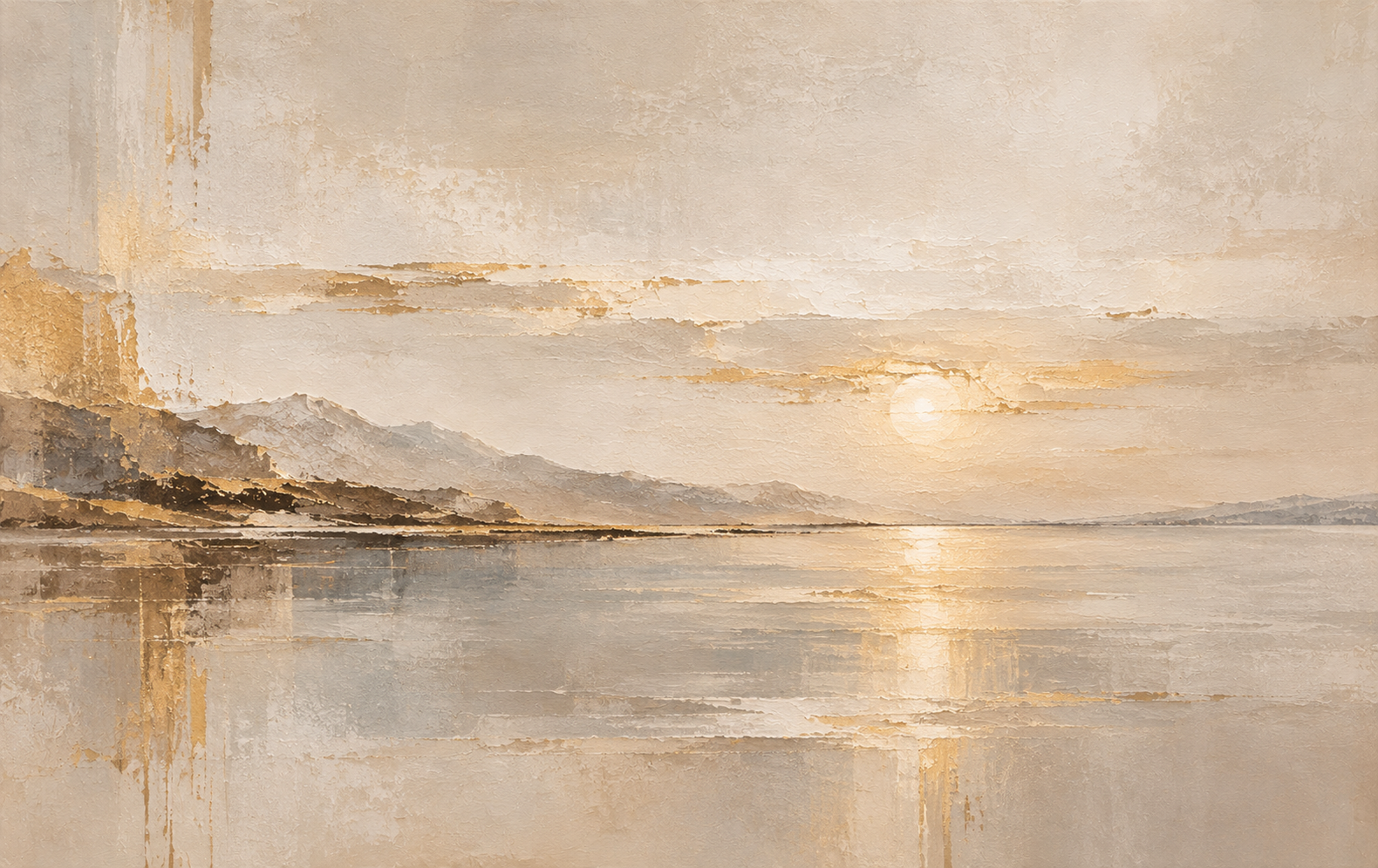 Light Upon Water large neutral abstract seascape painting in beige, ivory, taupe and soft gold, original acrylic on canvas by Ocoy, 135 × 85 cm.