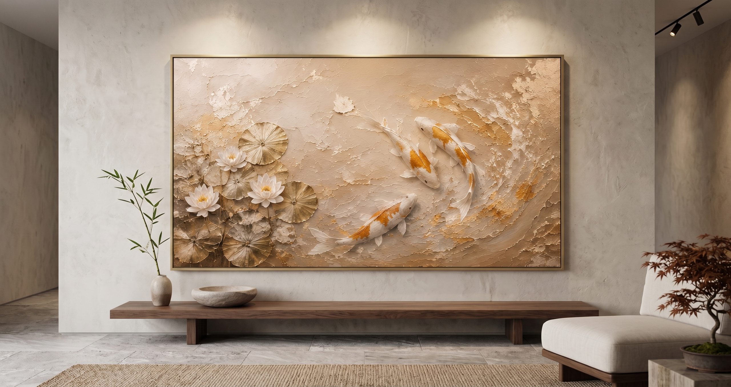 Golden Koi Serenity | Large Textured Koi Fish Painting - Image 3