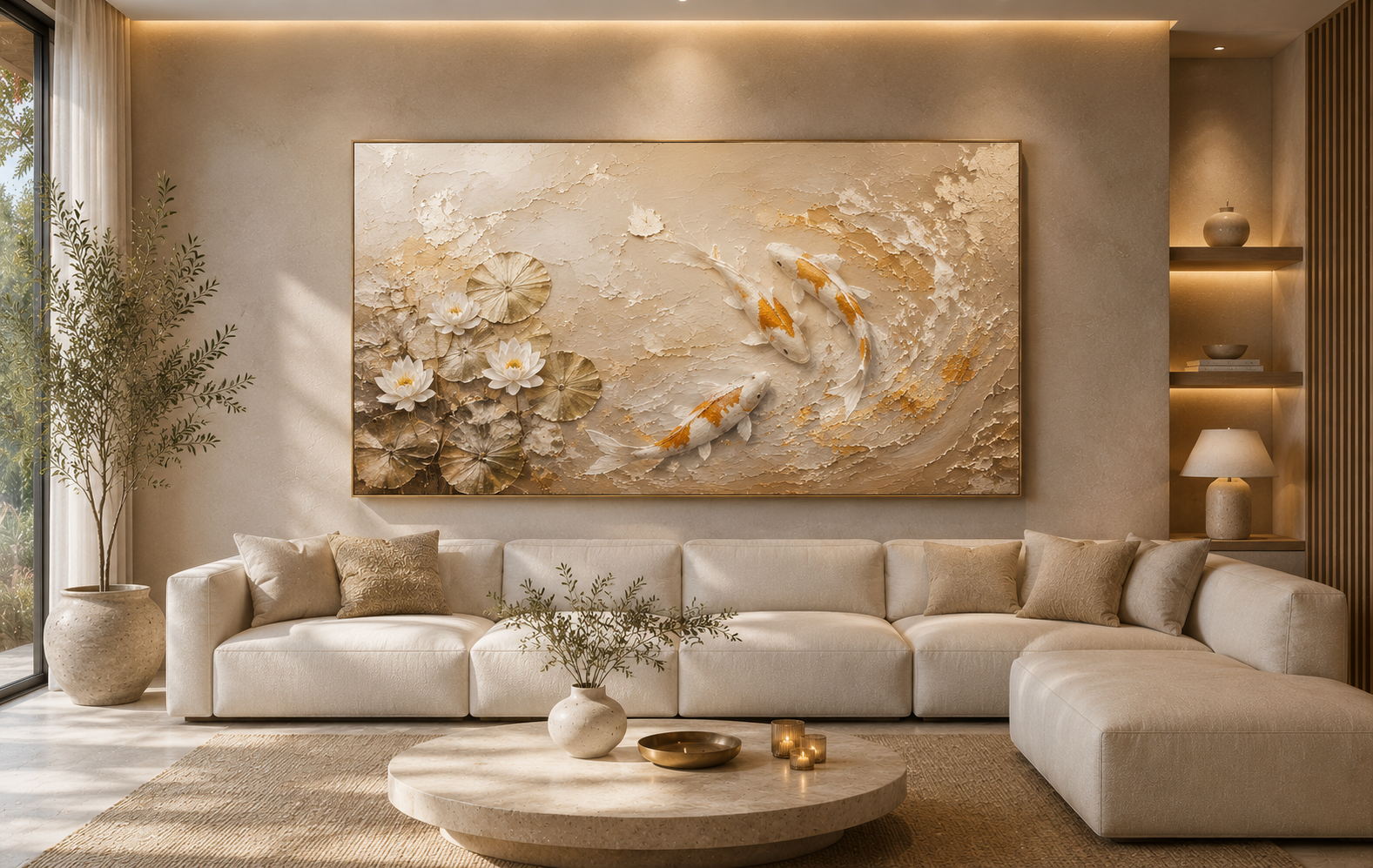 Golden Koi Serenity | Large Textured Koi Fish Painting - Image 4
